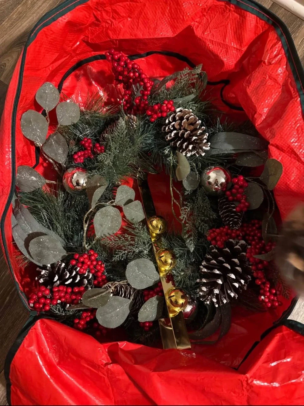 Holiday Pinecone & Berry Wreath with Jingle Bells - Red Green